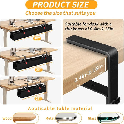 No Drill Under Desk Cable Management Tray, 48" Cord Organizer with Clamp, Fabric Cable Management for Standing Desks, Ideal for Home & Office - Black