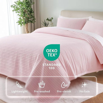 KASENTEX Oversized Queen Quilt Set 102"x106" – Soft Washed 3-Layer Lightweight Bedspread, Minimalist Nordic Design, All-Season Spring & Summer Quilt Set (1 Quilt + 2 Pillow Shams), Pink