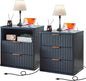 LEYAOYAO Fluted Farmhouse Nightstand Set of 2 with Charging Station, 23" Wide 2 & 3 Drawers Large End Table with Metal Handle, Navy Blue Night Stand Bedside Table, Wood Dresser for Bedroom,Closet