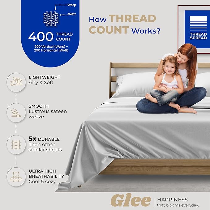 THREAD SPREAD 100% Cotton Split King Sheets for Adjustable Bed - 400 Thread Count 5 PC Sateen Split Sheet Set, Soft, Cooling Cotton Sheets, 16" Deep Pocket Split King Bed Sheet (Silver Grey)