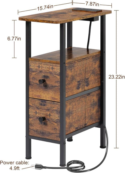 LOAKEKEL Narrow End Table Living Room with Charging Station, Skinny Side Table with Fabric Drawers, Slim Nightstand for Bedroom, Small Spaces, Couch, Rustic Brown, HETNDP02PBR-1