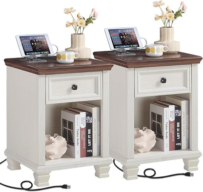 SAVOR LIFE Farmhouse End Tables Living Room Set of 2, Rustic Wood Nightstand with 1 Drawer, Bedside Table with Open Shelf for Bed Room, Side Table for Living Room, White