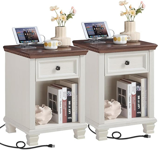 SAVOR LIFE Farmhouse End Tables Living Room Set of 2, Rustic Wood Nightstand with 1 Drawer, Bedside Table with Open Shelf for Bed Room, Side Table for Living Room, White