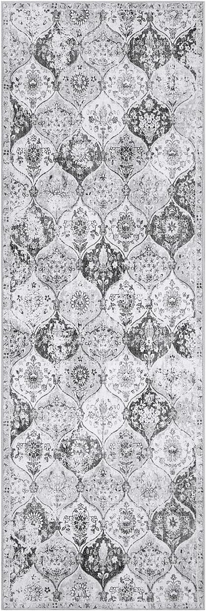 Lahome Moroccan Trellis Washable Runner Rug, 2x6 Kitchen Runners for Hallways 6 Feet Non Slip, Vintage Laundry Room Rug Ultra-Thin Long Carpet for Bathroom Bedroom Entryway, Silver/Grey