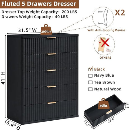 LEYAOYAO Fluted 5 Drawers Dresser Set of 2, 41" Tall Modern Chest of Drawers with Metal Handle, Curved Profile Dresser TV Stand, Wooden Drawer Organizer for Bedroom, Living Room, Hallway, Lightgrey