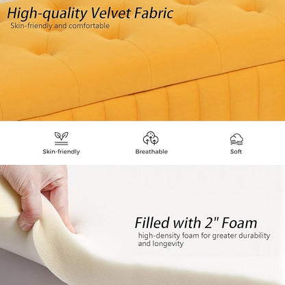 Velvet Storage Bench for Bedroom, Modern Tufted End of Bed Bench for King Size Bed, Upholstered Long Ottoman Bench with Gold Legs for Living Room/Entryway (Mustard Yellow, 55" W)