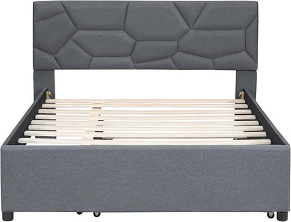 Full Size Bed Frame with Twin Size Trundle,Linen Upholstered Platform Bed Frame Full with Brick Pattern Headboard,Wood Slat Support Included,No Box Spring Needed,Easy Assembly,Gray