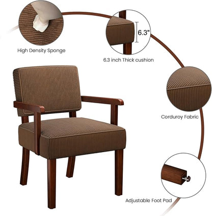 Corduroy Accent Chair, Mid Century Modern Armchairs with Solid Wood Frame, Oversized Reading Leisure Chair for Living Room, Bedroom (Corduroy Brown, One Chair)