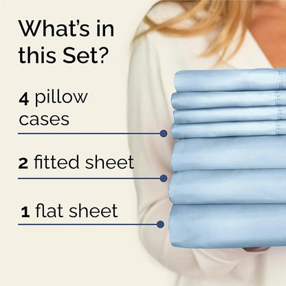 Split King 7 Piece Sheet Set - Cooling & Breathable - Hotel Luxury Bedding, Includes Fitted Sheets for Women, Men, Kids & Teens - 1 Flat, 2 Fitted Sheets, 4 Pillowcases with Deep Pockets - Baby Blue