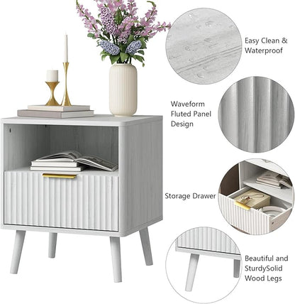 CARPETNAL Fluted Nightstand, White Bedside Table with Drawer and Storage Shelf, Wood End Table Mid Century Night Stands for Bedroom Living Room