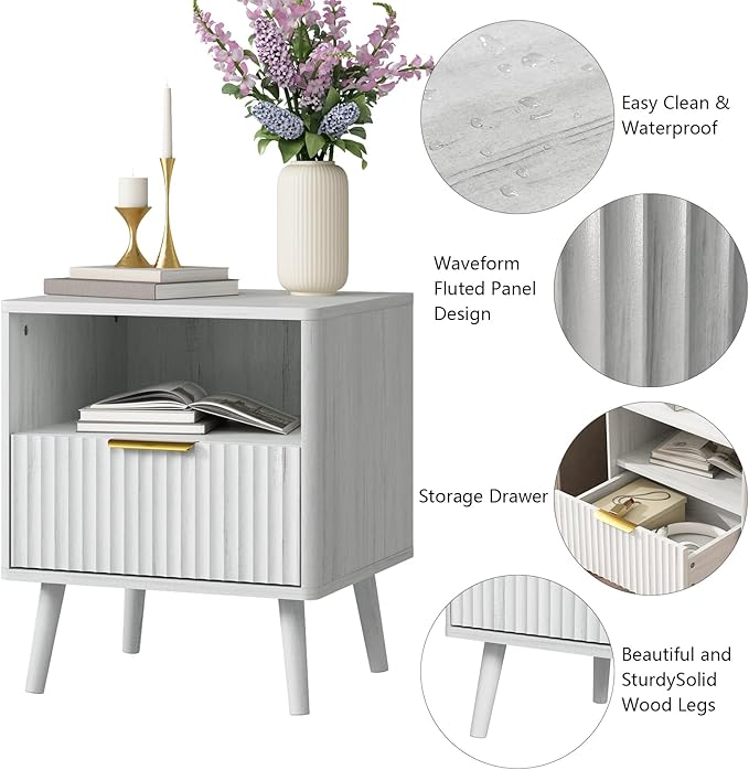 CARPETNAL Fluted Nightstand Set of 2, White Bedside Table with Drawer and Storage Shelf, Wood End Table Mid Century Night Stands for Bedroom Living Room