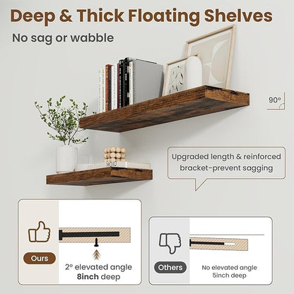 72 Inch Floating Shelves for Wall, 8 Inch Deep Floating Shelf for Storage & Display, Wall Mounted Shelf with Invisible Brackets for Living Room, Kitchen, Bathroom, Home Decor, Set of 2, Rustic Brown