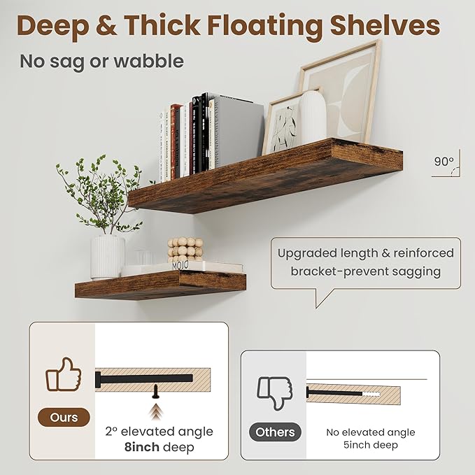 24 Inch Floating Shelves for Wall, 8 Inch Deep Floating Shelf for Storage & Display, Wall Mounted Shelf with Invisible Brackets for Living Room, Kitchen, Bathroom, Home Decor, Set of 2, Rustic Brown