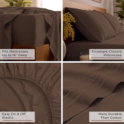Mellanni Twin XL Sheet Set - 4-Piece Iconic Collection Bedding, (Including 2 Pillowcases), 16-Inch Deep Pocket, Easy Care, Extra Soft, Cooling Sheets, Brushed Microfiber - Brown
