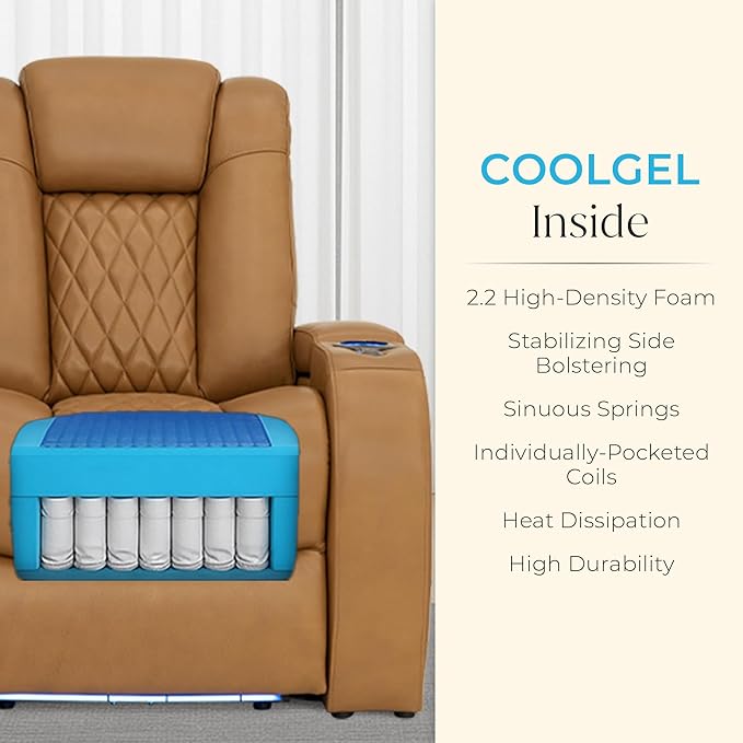 Seatcraft Diamante Zero-Gravity CoolZero Italian Leather Home Theater Seating, Power Headrest, Power Recline, Row of 5 Middle Sofa, Tan Oak