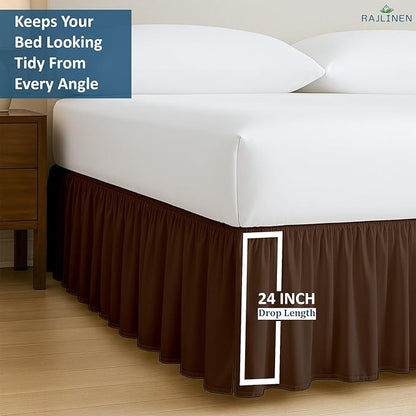 Rajlinen Ruffled Bed Skirt Twin, 24 Inch Drop Dust Ruffle with Split Corners, 100% Microfiber Bedskirt with Platform, Three-Sided Coverage Ruffled Gathering Design, Chocolate