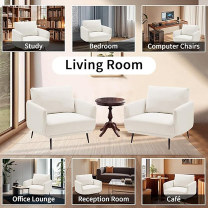 Oversized Accent Chair for Living Room Cozy Reading Chairs Mid-Century Modern Accent Chairs Armchair with Metal Legs Single Sofa Chair for Home Office (Set-of-2, Polyester Fabric- Pearly White)