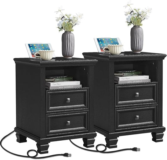 SAVOR LIFE Farmhouse Nightstand Set of 2 with Charging Station, Rustic Black Nightstand,2 Drawers End Table for Living Room,Bedside Table with Open Shelf for Bed Room,Black