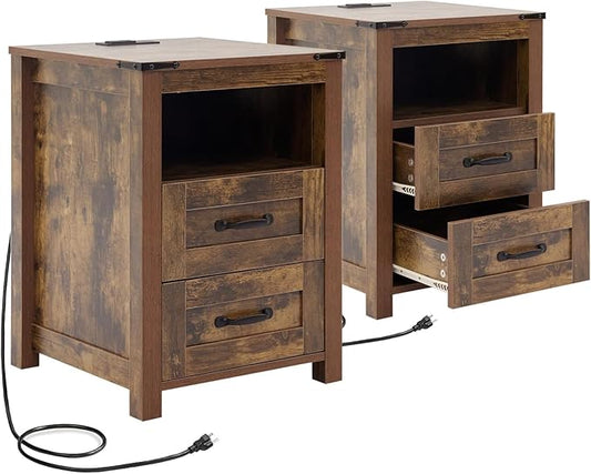 Puntogen Brown Night Stand Set of 2, Rustic End Table with Charging Station, Farmhouse Tall Nightstand for Bedroom, Drawer Dresser Bedside Table with Open Storage Shelf