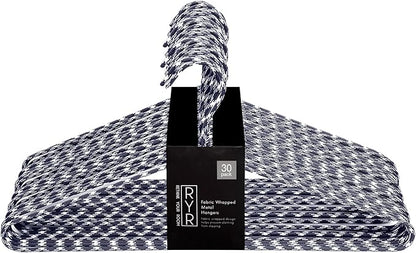 Clothes Hangers 30 Pack Stylish Fabric Wrapped Metal, Space Saving Coat, Velvet, Pant Hangers for Closet Organization, Durable Non-Slip, Navy/White Wardrobe Essentials Bulk Storage