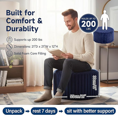 Tiita Round Stuffed Pouf Ottoman, Stripe Faux Fur Poufs with Foam Chunk Filling, Furry and Fluffy Pouf 21×21×12 inch Foot Stool Storage Ottoman,Puff Office Foot Rest for Couch Living Room, Navy Blue