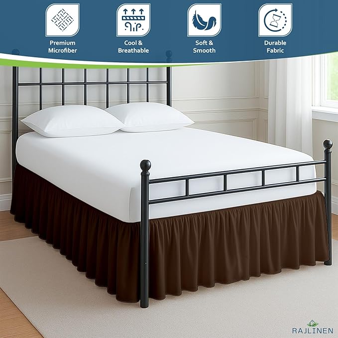 Rajlinen Ruffled Bed Skirt Full, 16 Inch Drop Dust Ruffle with Split Corners, 100% Microfiber Bedskirt with Platform, Three-Sided Coverage Ruffled Gathering Design, Chocolate