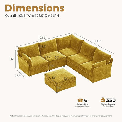 ABCASA 103.5" Oversized Modular Sectional Sofa, L Shaped Convertible Couch with Movable Ottoman, Large 6 Seat Corner Couches for Living Room Deep Seat- Yellow Chenille
