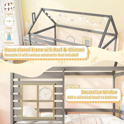Giantex Twin House Bed with Trundle Bed, Wooden Twin Bed Frames with Roof, Chimney & Window, Montessori House Bed with Safety Guardrails for Kids, Boys, Girls, Teens (Grey)