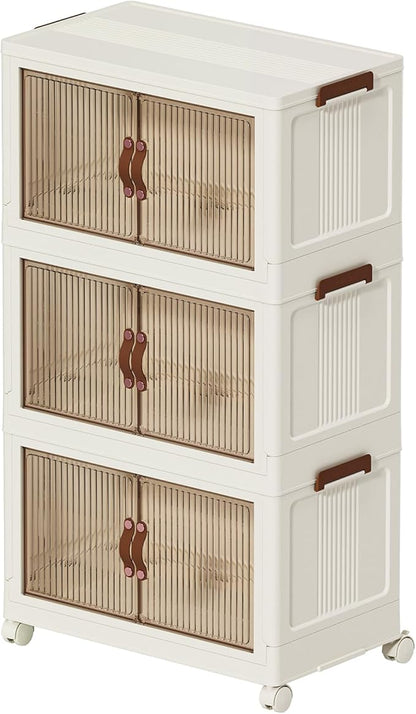 130 QT Large Plastic Storage Bins with Lids Open Front, Stackable Storage Containers with Wheels for Clothes, Home, Room, White, 3 Tiers