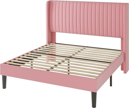 Allewie Queen Size Velvet Bed Frame/Vertical Channel Tufted Wingback Headboard/Upholstered Platform Bed/Strong Wooden Slats/No Box Spring Needed/Easy Assembly/Pink