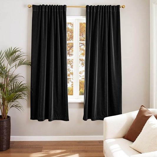 Lazzzy Velvet Blackout Curtains Thermal Insulated Room Window Drapes Super Soft Luxury Curtains for Living Room Bedroom Rod Pocket 2 Panels, Black, 42" W x 72" L