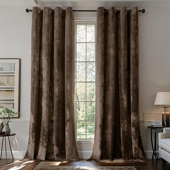 SMILETIME Chocolate Crushed Velvet Curtains 52x108 inch Luxurious Thermal Insulated Soundproof Drapes for Living Room Bedroom Office Soft and Durable Light-Filtering Window Treatments, 2 Panels