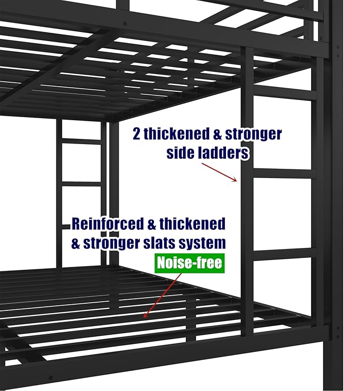 LUCALEO Stronger & Truly Reinforced Heavy Duty Metal Bunk Bed Twin Over Full Size Bunkbed, Thickened More Stable & Safer Steel Bunk Bed Frame with Twin Size Trundle (Greater Weight Capacity)