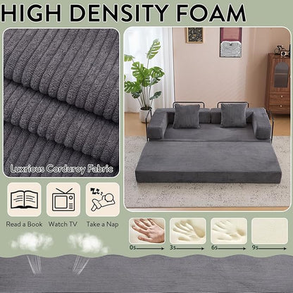 4-in-1 Convertible Folding Sleeper Sofa Bed, Fold Out Floor Sofa Couch with Fixed-Shape Frame, Cloud Corduroy Foldable Mattress Couch for Living Room Bedroom (78.5" Corduroy, Dark Grey)