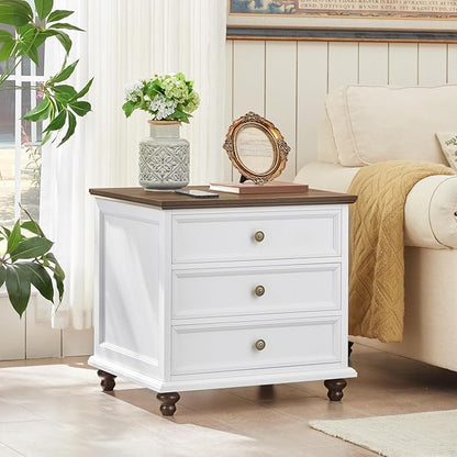 24" Wide Farmhouse Night Stand,Large End Table with 3 Drawers & Metal Handle,White Wood Dresser for Bedroom Cabinet, Bed Side Tabl·e Chest of Drawers,Nightstand for Living Room