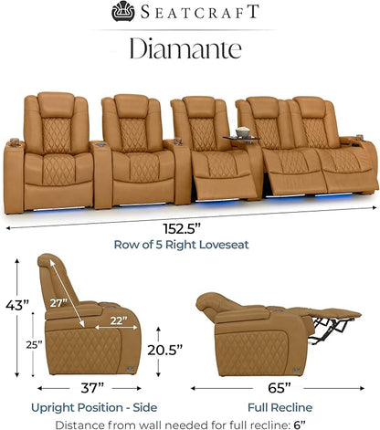 Seatcraft Diamante Zero-Gravity CoolZero Italian Leather Home Theater Seating, Power Headrest, Power Recline, Row of 5 Right Loveseat, Tan Oak