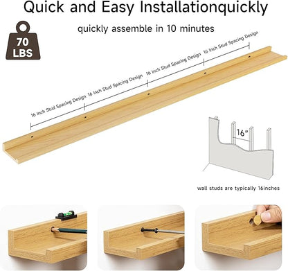 Floating Picture Ledge Shelves for Wall Set of 2, 84 Inches Picture Ledge Shelf with Long Large Nursery Book Shelf for Toys Storage Kids Bookshelf Wall Mounted Living Room Bedroom Decor Frames, Oak