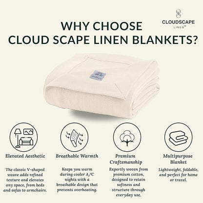 Cloud Scape Linen 100% Cotton Blanket King 92x108 Ivory - Cozy Herringbone Weave, Fits Up to Cal King Beds, Breathable Softness, All-Season Warmth, Heavy Layering Winter Blanket