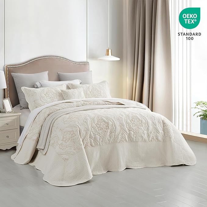 CHIXIN Oversized Bedspread Coverlet Set King Size - Lightweight Bedding Cover - Beautiful Stitching - 5 Piece Reversible Bedspread - Gorgeous Damask Paisley Pattern (King, Ivory-Yellow)