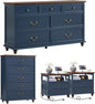 24" Wide Farmhouse Nightstand with Charging Station Set of 2,54" 7 Drawers Dresser, 45" Tall Rustic Chests of 5 Drawers, Farmhouse Furniture Series for Bedroom,DarkBlue