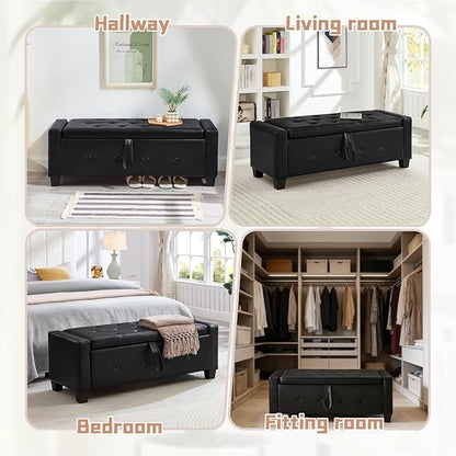 48“ Storage Ottoman Bench, Upholstered Button-Tufted End of Bed Bench with Soft-Close Hinge & Solid Wood Legs, Foot Rest for Living Room, Bedroom, Hallway (Faux Leather, Black)