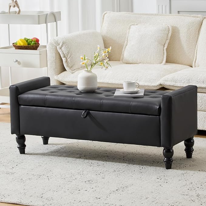 47" Storage Ottoman Bench, End of Bed Bench for Bedroom, Leather Upholstered Ottoman with Storage for Living Room, Entryway, Window (Black)