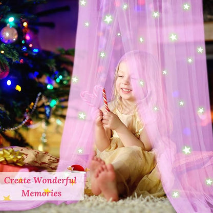 South to East Princess Bed Canopy for Girls with Glowing Stars, Pink Canopy for Girls Room, Bed Canopy Curtains from Ceiling for Twin Beds, Full Size Beds, Ideal Gift, Fire Retardant Fabric