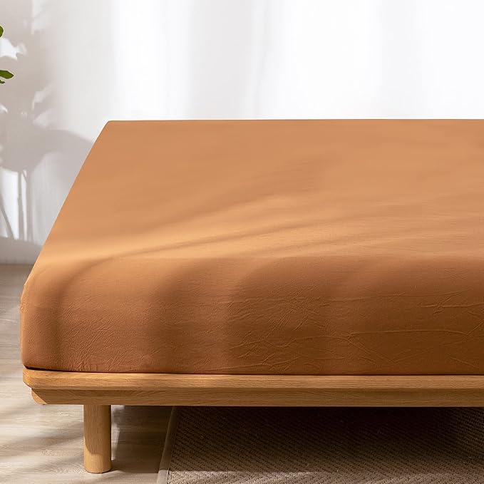 MooMee Fitted Bottom Sheet Only 100% Washed Cotton Linen Like Textured Breathable Durable Soft Comfy Deep Pocket Fits Mattress up to 17" (Dark Orange, King)