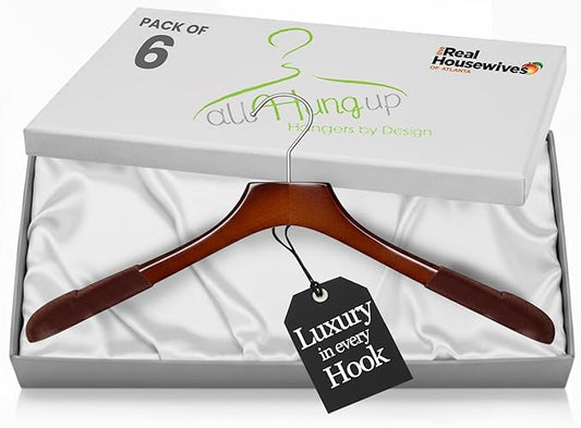 Premium Luxe Wooden Hangers for Women, Wide Shoulder Design for Dresses, Skirts, Sweaters & Blouses, Heavy Duty with Velvet Grip, High Gloss Brown with Brown Velvet, 6 pcs
