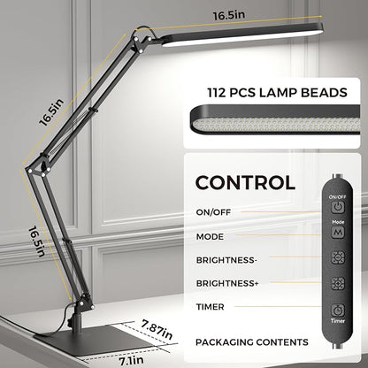 SKYLEO LED Desk Lamp with Slim Base - Adjustable Swing Arm Desk Light, Dimmable, Timer, Eye Protection, Memory Function, 1300LM, 12W, Black