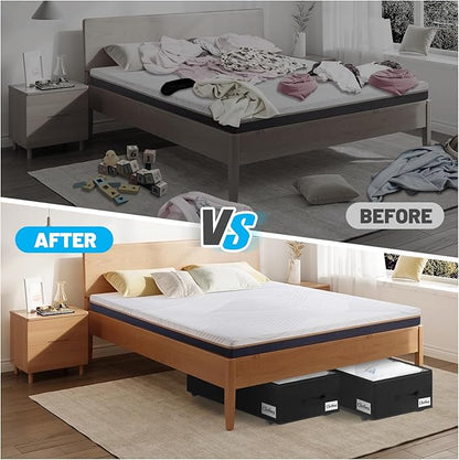 Under Bed Storage with Wheels, 2-Pack 10" Height XXL 60L Rolling Storage Bins, Quick Assembly Underbed Shoe Storage Containers with Clear Lid & Label, Dorm Under bed Drawers for Clothes, Shoes, Black