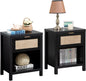 SICOTAS Rattan Night Stands Set of 2, Farmhouse Nightstand Bedside Table with Drawer and Storage Shelf, Boho End Side Table for Bedroom, Small Space, Black Oak
