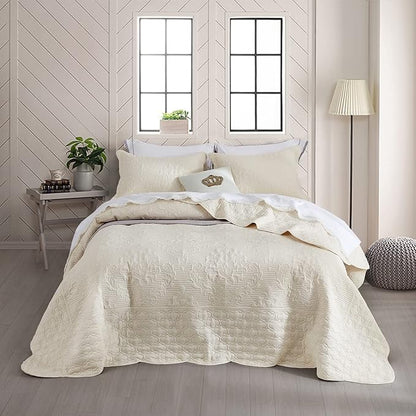 CHIXIN Bedspread Coverlet Quilt Set Full Size - Lightweight Bedding Cover - Ultrasonic Quilting - 5 Piece Reversible Bedspread - Elegant Damask Paisley Pattern (Full, Ivory)
