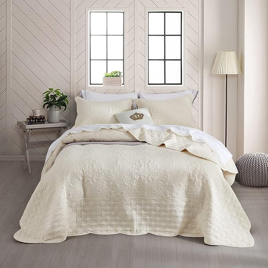 CHIXIN Bedspread Coverlet Quilt Set Full Size - Lightweight Bedding Cover - Ultrasonic Quilting - 5 Piece Reversible Bedspread - Elegant Damask Paisley Pattern (Full, Ivory)